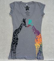 WWF Rainbow Giraffe Gray Graphic Baby Tee Blue Trim Kidcore Sz Xs NWOT