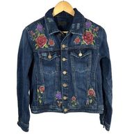 Blank NYC Flower Embroidered Boho Distressed Blue Denim Jacket Size XS