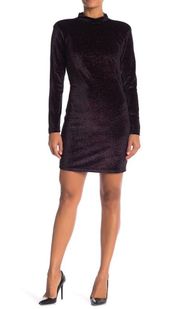 Melloday Dress Womens Large Black Purple Sparkle Velvet Open Back Mock Neck Mini