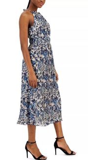 NWT Anne Klein Pleated Midi Halter Dress, Tropical Blue, Size 10 Retail $129