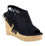 Olivia Miller ꧁ Fringe Peep Toe Cutout Cork Wedge Sandals ꧁ Black Microsuede ꧂