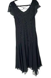 Vintage Black Beaded Handkerchief Hemline Flutter Sleeve Cocktail Party Dress