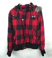 Torrid Plus Size Buffalo Plaid Jacket Faux Fur Hood Red Black Full Zip 3XL 3X