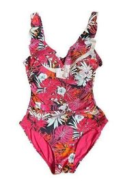 Tommy Hilfiger Pink Ruffle Floral One Piece Swim Suit Scoop Back Size 10