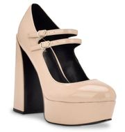 Women's Callyna Platform Round Toe Mary Janes Pump Nude Beige Size 8.5 NEW  New with tag  Same day shipping  Smoke and pets free  Slay your elegant look wearing the Callyna platform pump making accent to any ensemble. Patent synthetic upper Adjustable double buckle straps closure Round toe Synthetic lining 4” heels, 1.5" platform, 5.5" covered block heel Synthetic sole Elevate your shoe game with these  Women's Callyna Platform Round Toe Mary Janes Pumps in Nude Beige. These patent leather pumps boast an ultra-high block heel and a platform sole, providing both style and comfort. The round toe and adjustable buckle strap make for a perfect fit, while the ivory color and solid pattern make them versatile for any occasion. These women's size 8.5 heels feature the iconic character Marie and are a new addition to your wardrobe, ready to take on the town.