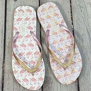 ATMOSPHERE Gold Sparkle Pink Flamingo Flip Flops-7/8