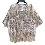 POL Womens Lace Snakeskin Kimono Cardigan M Tan Cream Beach Boho Festival Resort