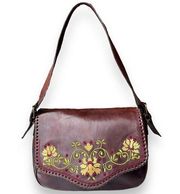 Vtg Leather Purse Floral Embroidered Burgendy Red Boho 90’s Granola Girl​