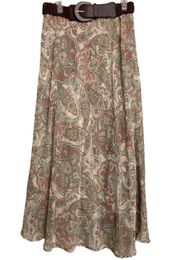 1960's Inspired Bohemian Tan Pink Paisley Floral Long Skirt Medium