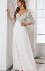 Ever Pretty V Neck Sequin Evening Dresses with 3/4 Sleeve White Size XL