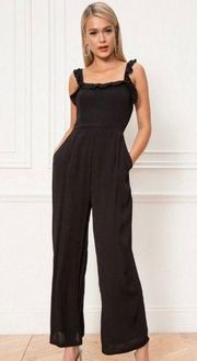 Victoria Ruffle Jumpsuit Womens Small Black Wide Leg Cocktail Party