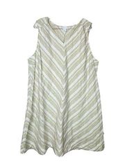 Liz Claiborne Linen Blend Swing Midi Dress 2X Chevron Beige White V-Neck Pockets