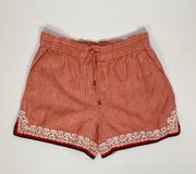 Anthropologie Size Medium Beachcomber Coral Embroidered Linen Pull On Shorts