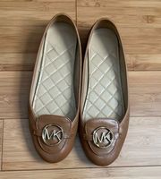 Michael Kors Lillie Gold MK Logo Leather Moccasin Flats Brown Women’s Size 10M