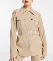 Camel/Tan Y2K Pinstripe belted shacket Blazer Jacket Size 8 NWT