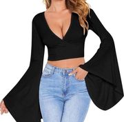 Women's V Neck Long Bell Sleeve Wrap Blouse Top Tee Shirt