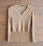 American Eagle Thermal Long Sleeve Crop Vneck Medium Brown Top size Medium