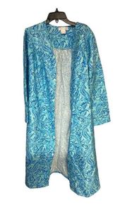 NWT Loti Fashion House Coat LARGE Blue Paisley Snap Button Lounge Comfort Print