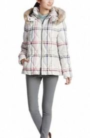 COACH Women's Tattersall Legacy Puffer Fur Trimed Hood Jacket Coat small NWT