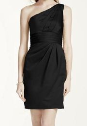 Davids Bridal Womens One Shoulder Satin Sheath Dress Black Stretch Pleated 12