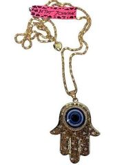 Betsey Johnson 28"+3" Hamsa with Blue Evil Eye Gold Tone Chain Necklace