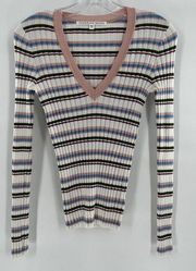 Veronica Beard Sweater Deep V Striped Ribbed Size S Metallic Academia Preppy