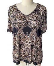 NWT ~ JACLYN SMITH Black & Tan Bohemian Short Sleeve Slinky Top ~ Women's XXL