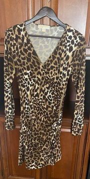 Leopard Criss Cross Top Zipper Gathered Side Stretch Dress