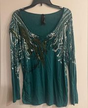 SEVEN7 Women’s Green Sequin Detail Scoop Neck Long Sleeve Top Plus Size 18/20