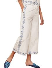 New  Spellgirl Embroidered Culottes Cropped Pants White Blue