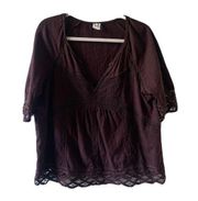 Akemi + Kin Anthropologie Size Large Brown Crochet Detail Split Neck Blouse Top