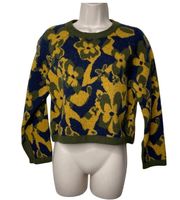 Ramy Brook Sandi Floral Blue and Gold Crop Sweater sz M