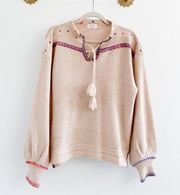 Fate Boutique Tan Embroidered Tassel Sweater