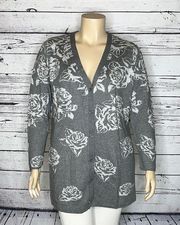 Isaac Mizrahi Live! 1X Gray Floral Rose Button Front Boyfriend Sweater Cardigan