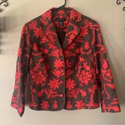 Moda International Linen Brown and Pink Embroidered Floral Blazer Size 4