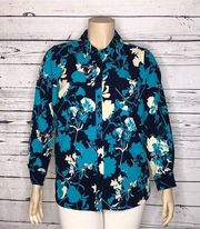 Denim & Co. Size 1X Blues & Ivory Floral Print Long Sleeve Button Up Blouse Top