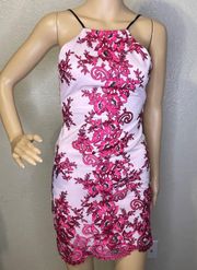 Sleeveless Halter Mini Dress Pink Embroidered Floral Lace Overlay Sz 0