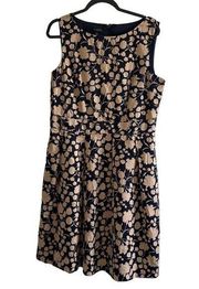 Navy/ Tan Sleeveless Lined Dress Floral Design Zip Back Size 14