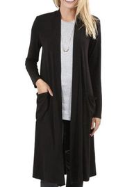 Zenana Premium Long Black Open Cardigan Sweater Size Small