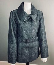 Anne Klein Black Jacket / Coat Medium Jacquard belted trench turtleneck collar