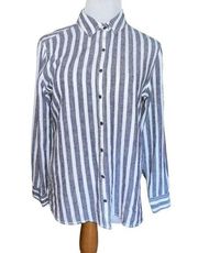 CASLON LINEN WOMEN BLUE WHITE STRIPED BUTTON DOWN FRONT SHIRT SIZE PETITE SMALL