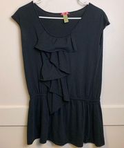 DownEast Black Short Sleeve Shirt With Ruffle Front and Cinched Waist
