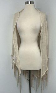 Ashley Stewart Womens Boho Mesh Shawl One Size Beige Fringe Beads