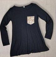 Black Flowy Tunic Shirt with Gold Sequin Pocket, Women’s Small