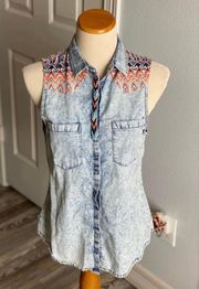Stone Washed Denim Sleeveless Button Up Top