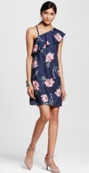 One shoulder ruffle navy and pink floral dress with pockets size large