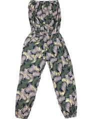 Blue Island Strapless Olive Green Metallic Gold Palm Leaf Jumpsuit Size Small