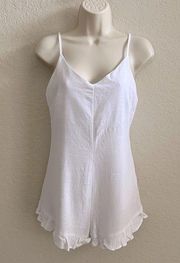 Love Cameron Ruffle Hem Cami Shorts Romper Tie Back White Linen Women’s XS NWOT