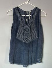 Andrée Blue Denim Washed Embroidered Top‎ with Lattice Back