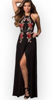 Floral embroidered black maxi dress Luxxel ladies medium halter evening gown